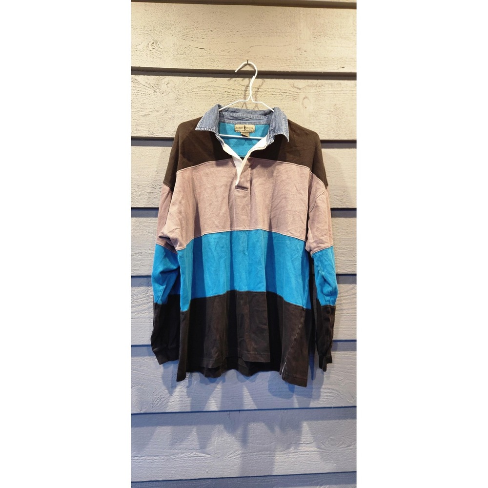 Robert Stock Polo Shirt Mens XL Colorblock Denim Collar Long Sleeve Rugby